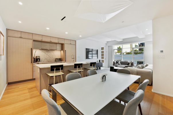 Dining room, Interior, Kitchen, Living room, Recessed Lighting, Wood Texture Flooring