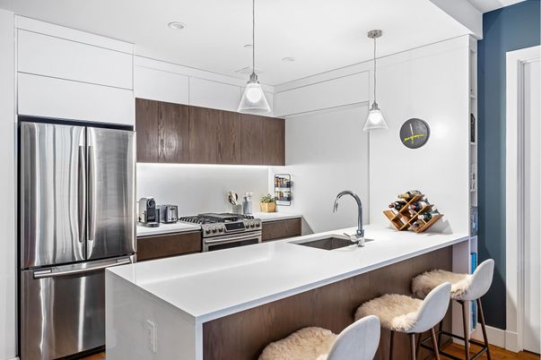 Interior, Kitchen, Pendant Lights, Recessed Lighting, Stainless Steel Appliances, Wood Texture Flooring