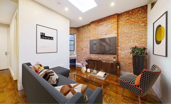 Interior, Living room, Recessed Lighting, Stone Walls, Wood Texture Flooring