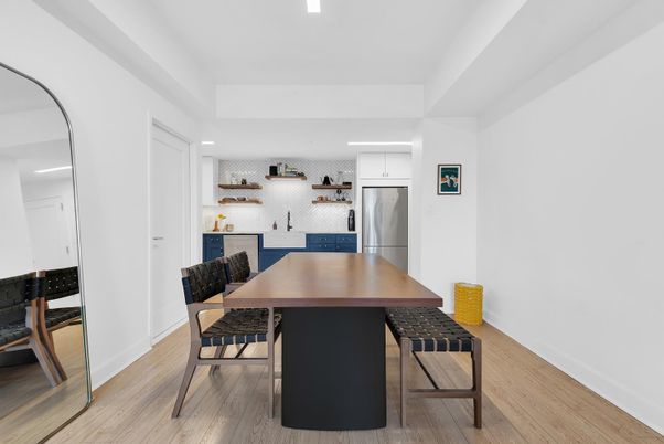 Dining room, Interior, Kitchen, Recessed Lighting, Stainless Steel Appliances, Wood Texture Flooring