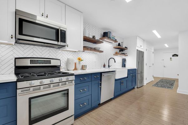 Interior, Kitchen, Recessed Lighting, Stainless Steel Appliances, Wood Texture Flooring