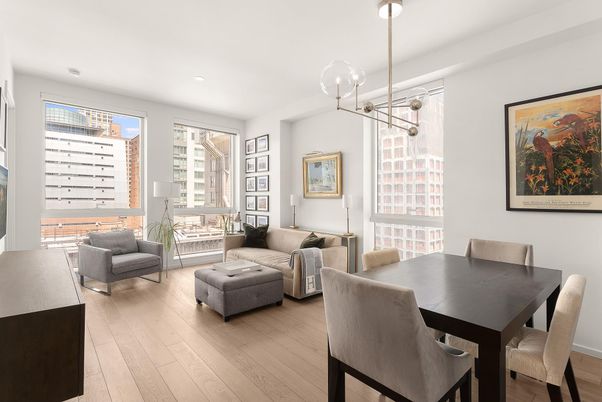 Dining room, Interior, Living room, Pendant Lights, Recessed Lighting, Wood Texture Flooring