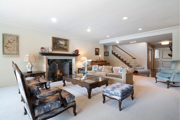 Fireplace, Interior, Living room, Piano, Recessed Lighting, Wood Texture Flooring
