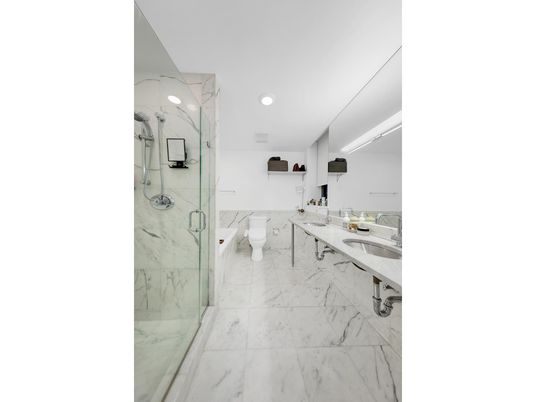 Bathroom, Glass Shower, Interior, Marble, Marble Walls, Recessed Lighting