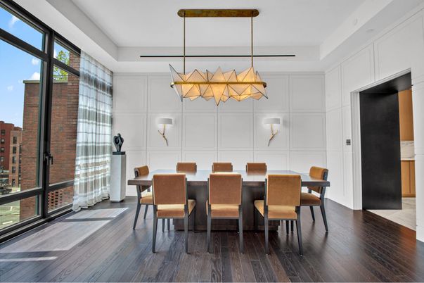 Dining room, Interior, Pendant Lights, Wood Texture Flooring