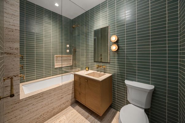 Bathroom, Glass Shower, Interior, Recessed Lighting, Wood Texture Flooring
