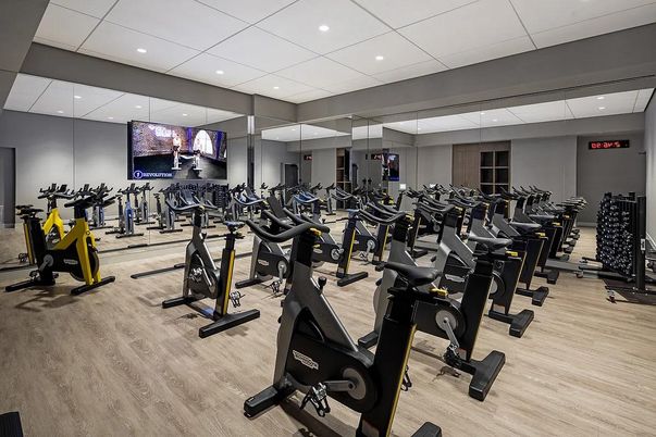 Fitness Equipment, Gym, Interior, Recessed Lighting, Wood Texture Flooring
