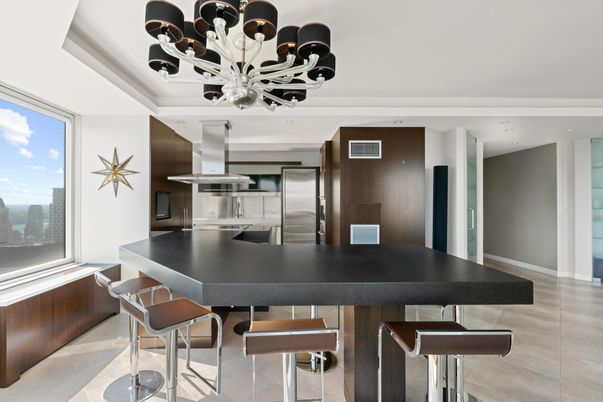 Chandelier, Dining room, Interior, Kitchen, Recessed Lighting, Stainless Steel Appliances
