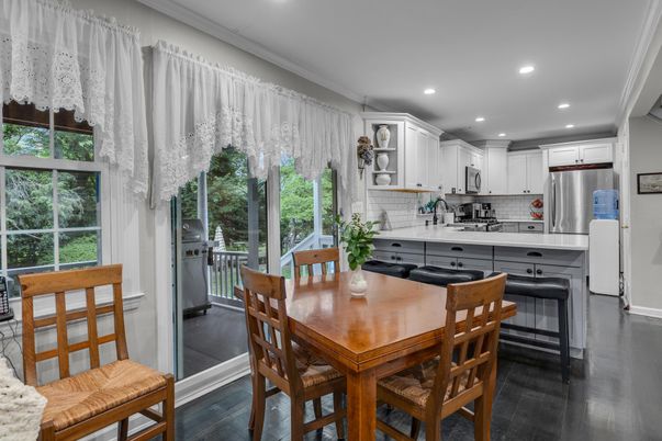 Dining room, Interior, Kitchen, Recessed Lighting, Stainless Steel Appliances, Wood Texture Flooring