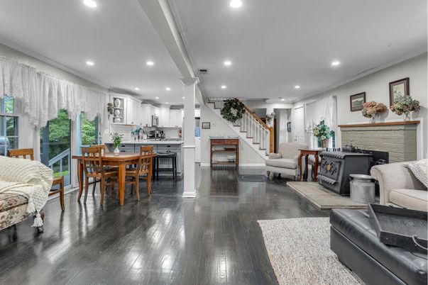 Dining room, Fireplace, Interior, Kitchen, Living room, Recessed Lighting, Wood Texture Flooring