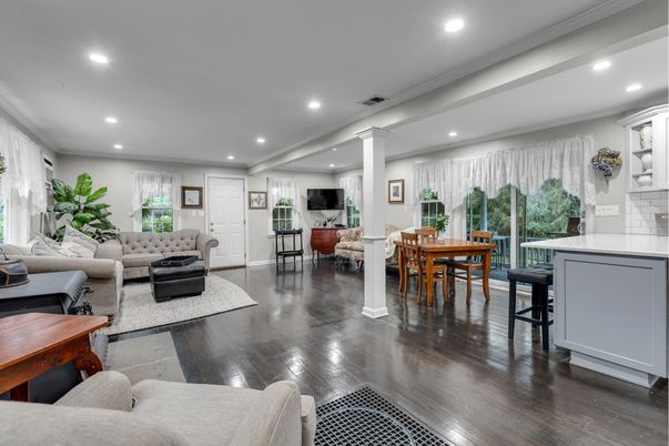 Dining room, Interior, Living room, Recessed Lighting, Wood Texture Flooring