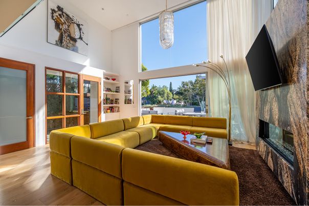 Fireplace, Interior, Living room, Pendant Lights, Wood Texture Flooring