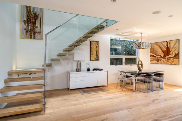 Dining room, Interior, Pendant Lights, Recessed Lighting, Wood Texture Flooring