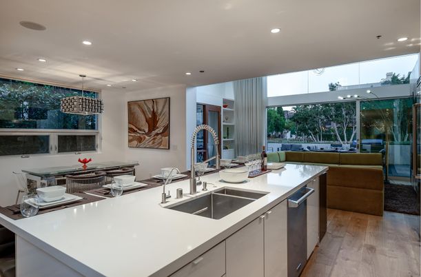 Dining room, Interior, Kitchen, Pendant Lights, Recessed Lighting, Wood Texture Flooring