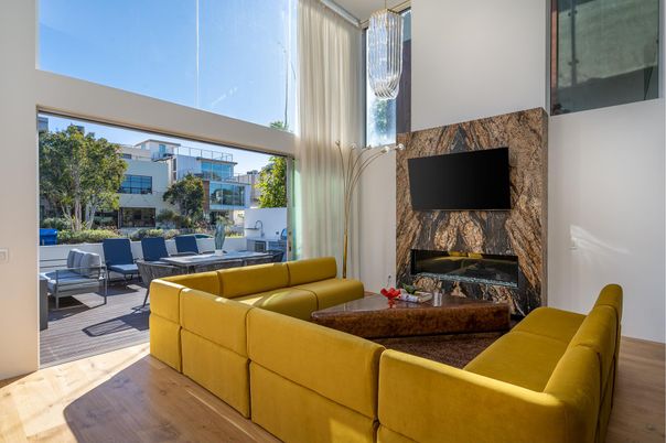 Fireplace, Interior, Living room, Pendant Lights, Wood Texture Flooring