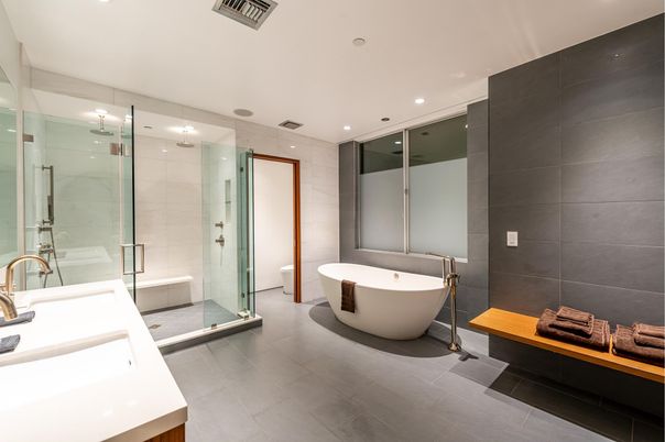 Bathroom, Dual Sink Vanities, Free Standing Baths, Glass Shower, Interior, Recessed Lighting