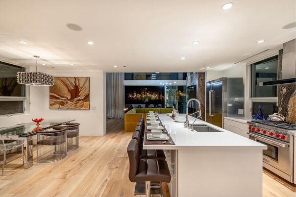 Dining room, Interior, Kitchen, Pendant Lights, Recessed Lighting, Stainless Steel Appliances, Wood Texture Flooring