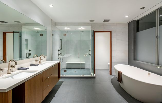 Bathroom, Dual Sink Vanities, Free Standing Baths, Glass Shower, Interior, Marble Walls, Recessed Lighting
