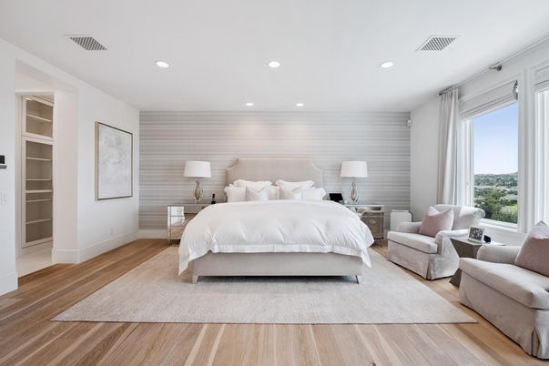 Bedroom, Interior, Recessed Lighting, Wood Texture Flooring