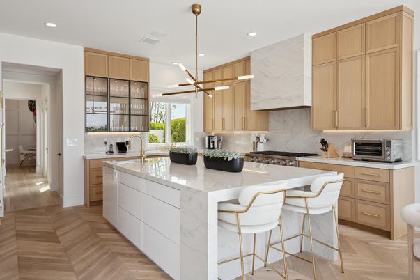 Interior, Kitchen, Marble Walls, Pendant Lights, Recessed Lighting, Wood Texture Flooring
