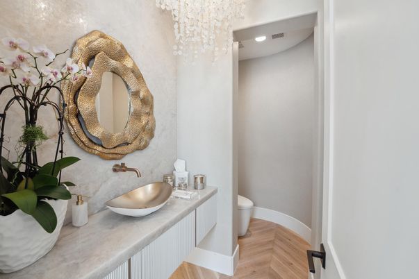 Bathroom, Chandelier, Interior, Recessed Lighting, Wood Texture Flooring