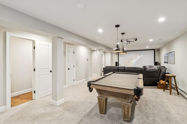 Billiard Table, Game Room, Interior, Pendant Lights, Recessed Lighting, Wood Texture Flooring