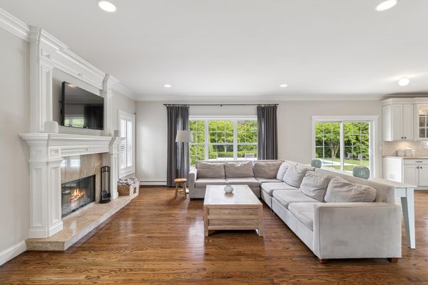 Fireplace, Interior, Living room, Recessed Lighting, Wood Texture Flooring