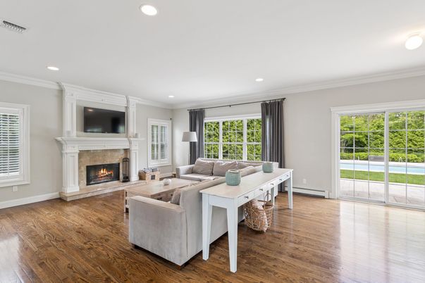 Fireplace, Interior, Living room, Recessed Lighting, Wood Texture Flooring