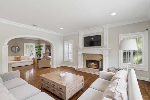 Fireplace, Interior, Living room, Recessed Lighting, Wood Texture Flooring