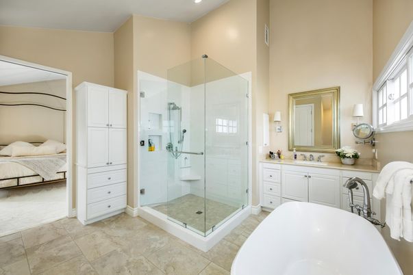 Bathroom, Bedroom, Dual Sink Vanities, Free Standing Baths, Glass Shower, Interior, Recessed Lighting