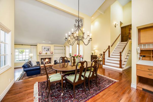 Chandelier, Dining room, Fireplace, Interior, Recessed Lighting, Wood Texture Flooring