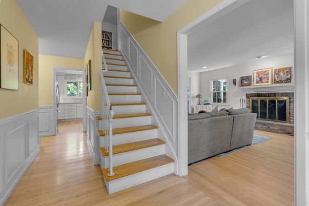 Fireplace, Interior, Living room, Recessed Lighting, Wood Texture Flooring