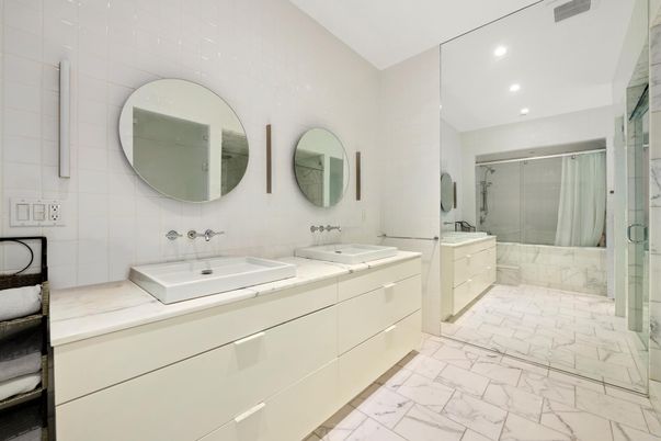 Bathroom, Dual Sink Vanities, Glass Shower, Interior, Marble, Recessed Lighting