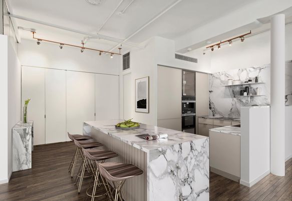 Interior, Kitchen, Marble Walls, Stainless Steel Appliances, Wood Texture Flooring