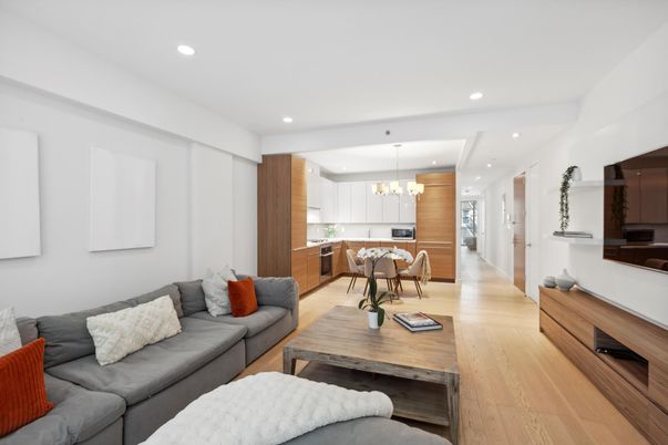 Chandelier, Dining room, Interior, Kitchen, Living room, Recessed Lighting, Stainless Steel Appliances, Wood Texture Flooring
