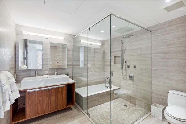 Bathroom, Glass Shower, Interior, Recessed Lighting, Wood Texture Flooring