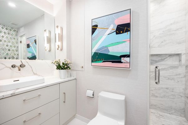 Bathroom, Glass Shower, Interior, Marble Walls, Recessed Lighting