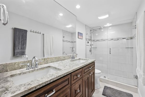 Bathroom, Dual Sink Vanities, Glass Shower, Interior, Recessed Lighting