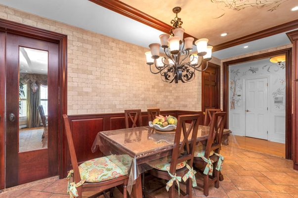 Chandelier, Dining room, Interior, Recessed Lighting, Stone Walls