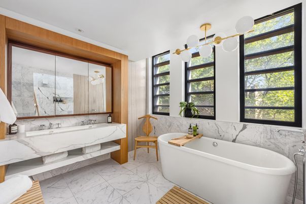 Bathroom, Free Standing Baths, Interior, Marble, Marble Walls, Wooden Walls