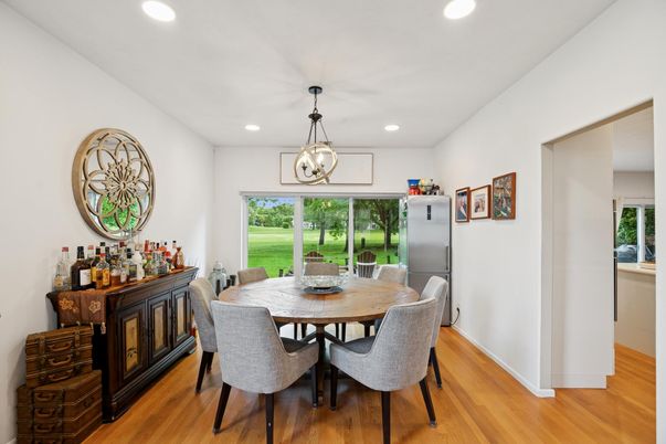 Dining room, Interior, Pendant Lights, Recessed Lighting, Wood Texture Flooring