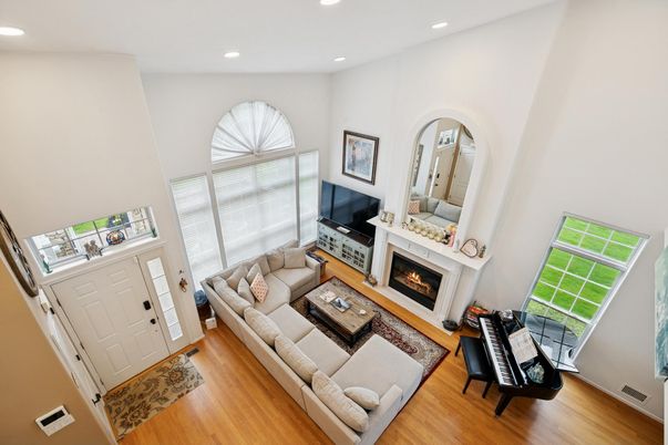 Fireplace, Interior, Living room, Recessed Lighting, Wood Texture Flooring