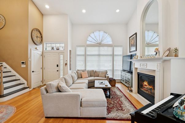 Fireplace, Interior, Living room, Recessed Lighting, Wood Texture Flooring