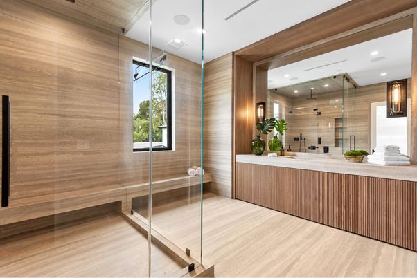 Bathroom, Glass Shower, Interior, Recessed Lighting, Wood Texture Flooring, Wooden Walls