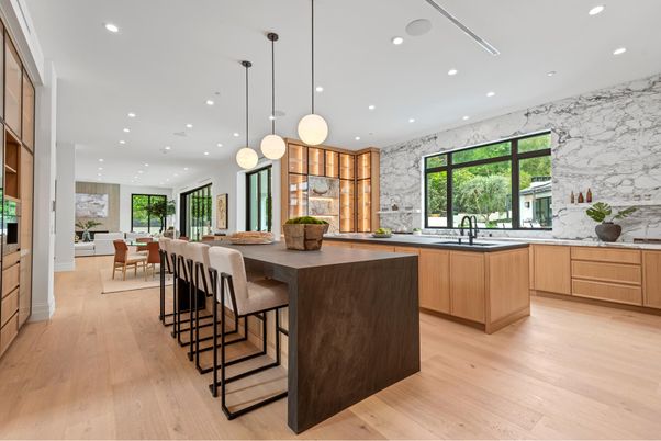 Dining room, Interior, Kitchen, Marble Walls, Pendant Lights, Recessed Lighting, Wood Texture Flooring