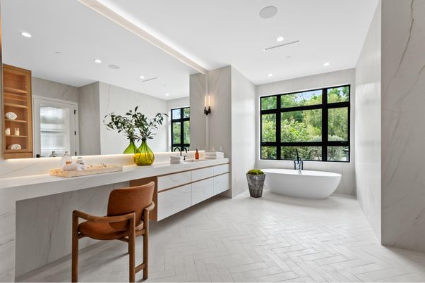 Bathroom, Dual Sink Vanities, Free Standing Baths, Interior, Marble, Marble Walls, Recessed Lighting