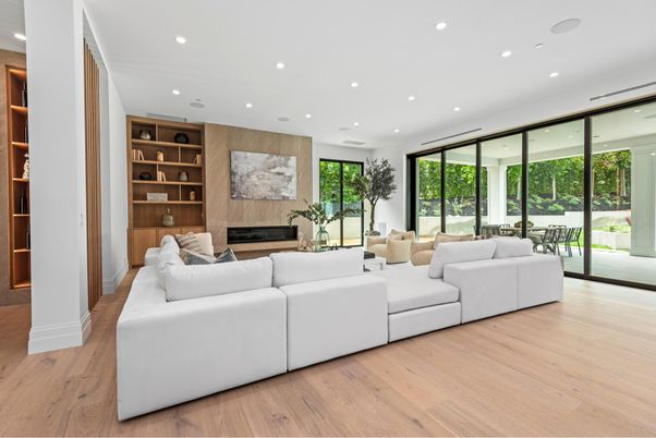 Fireplace, Interior, Living room, Recessed Lighting, Wood Texture Flooring, Wooden Walls