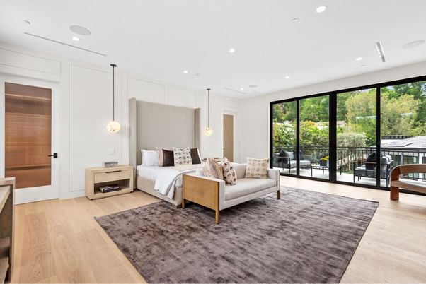 Bedroom, Interior, Pendant Lights, Recessed Lighting, Wood Texture Flooring