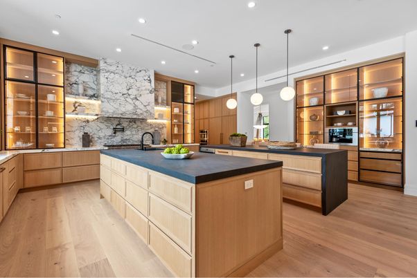 Interior, Kitchen, Marble Walls, Pendant Lights, Recessed Lighting, Wood Texture Flooring