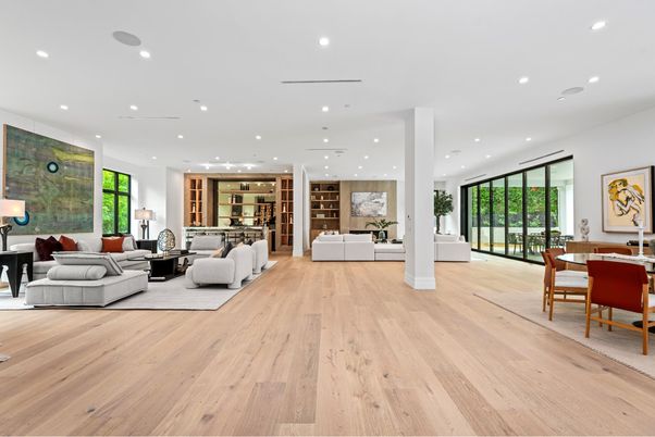 Dining room, Interior, Living room, Recessed Lighting, Wood Texture Flooring